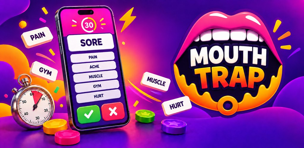 Home Mouth Trap: a phone showing a word card with forbidden words, next to the game logo