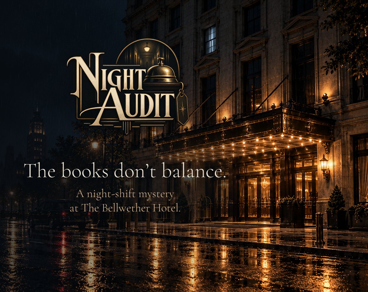 Home Night Audit key art: The Bellwether Hotel at night in the rain